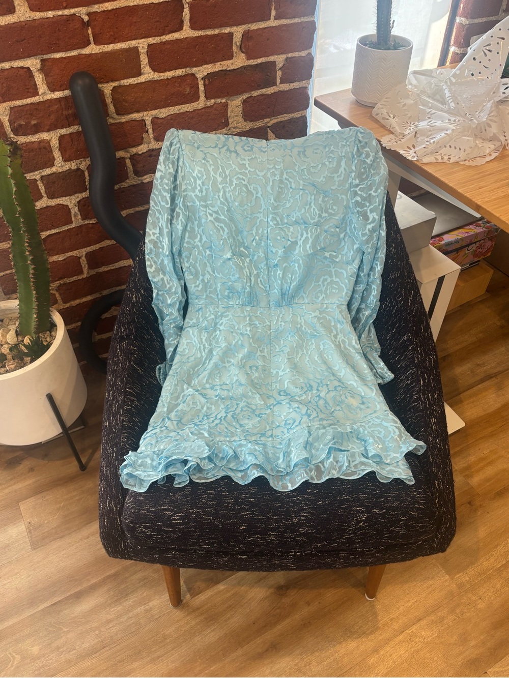 DAMAGED Saloni Alya Heart Jacquard Long Sleeve Silk Minidress In Ice Blue Size 8 - Picture 9 of 9